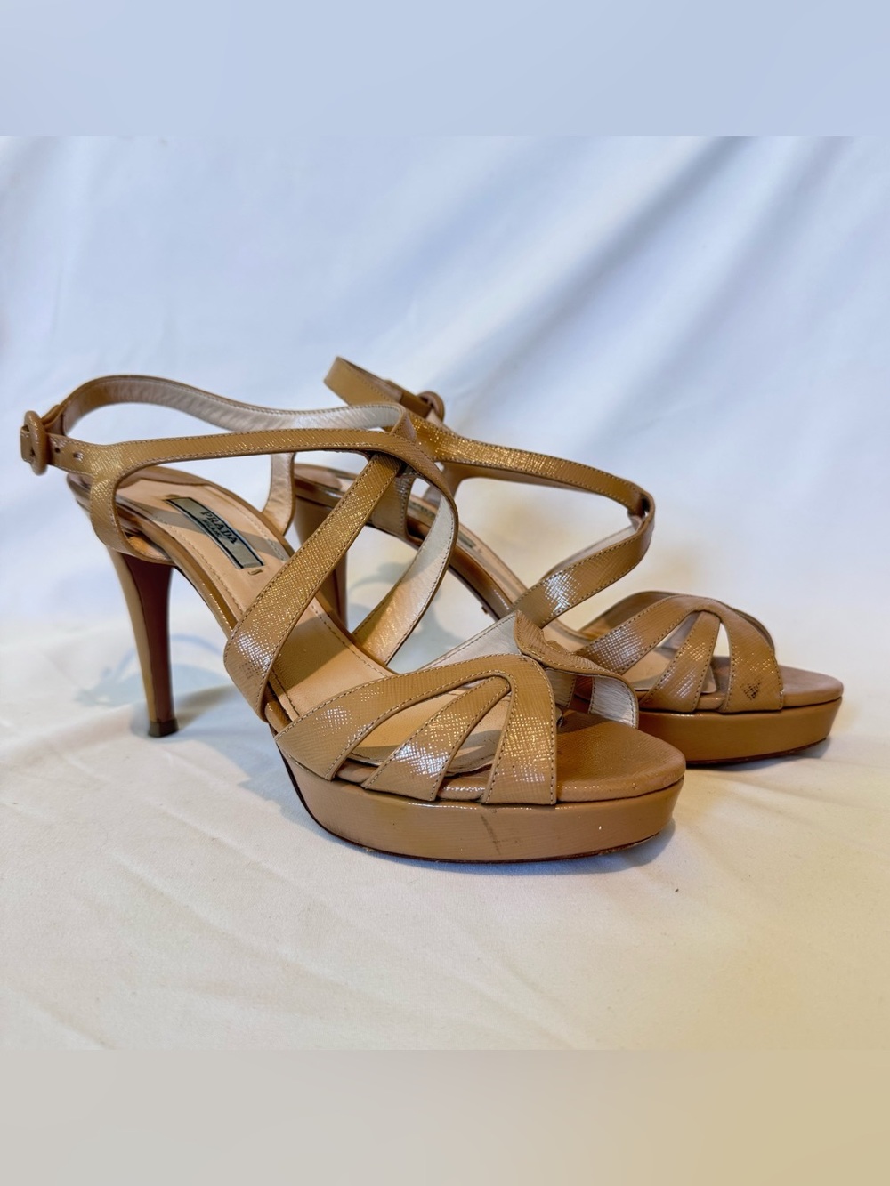 Prada Beige Patent Leather Strappy Platform Sandals Heels Size 39 - Flawed